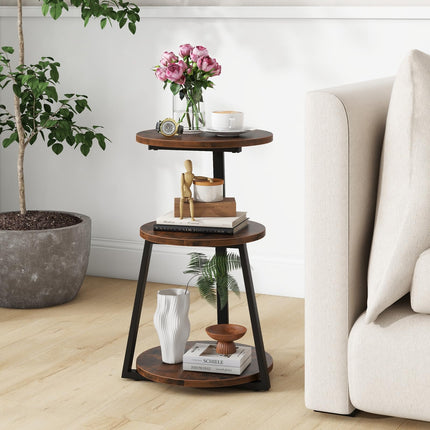 Dreamade Round End Table, Industrial Side Table with Sturdy Metal Frame, Coffee Table, 3-Tier Bedside Table for Bedroom, Living Room
