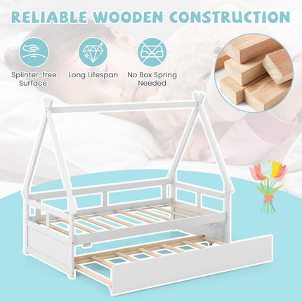 Dreamade Twin House Bed with Trundle, Wood Montessori Tent Bed Frame with Safety Guardrail