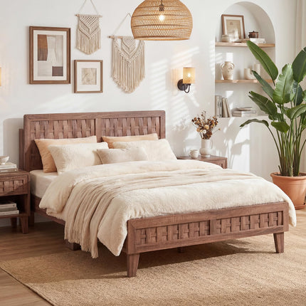 Dreamade Wood Bed Frame with Woven Headboard (Full/Twin/Queen)