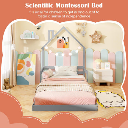 Dreamade Twin Floor Bed for Kids, Wood Montessori Floor Bed with Chimney Headboard & Handrail