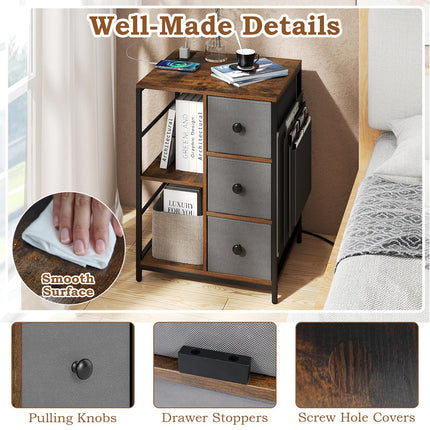 Dreamade Industrial Nightstand with Charging Station - End Side Table w/3 Fabric Drawers