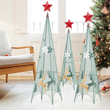 Dreamade Set of 3 Tower Shaped Christmas Trees (3ft/3.5ft/4ft), Artificial Xmas Metal Trees with Removable Star Toppers & Reindeer