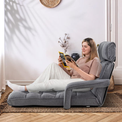 Dreamade Foldable Lazy Sofa Bed, 6-Position Adjustable Floor Chair Chaise Lounge with Armrest and Footrest (Gray)