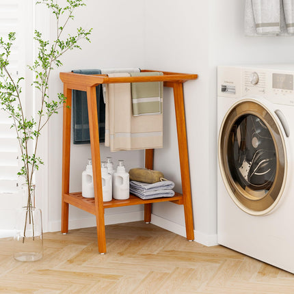 Dreamade Teak Towel Rack for Bathroom, 5 Bars Freestanding Towel Racks with Storage Shelf, 19.5" L x 19.5" W x 31.5" H