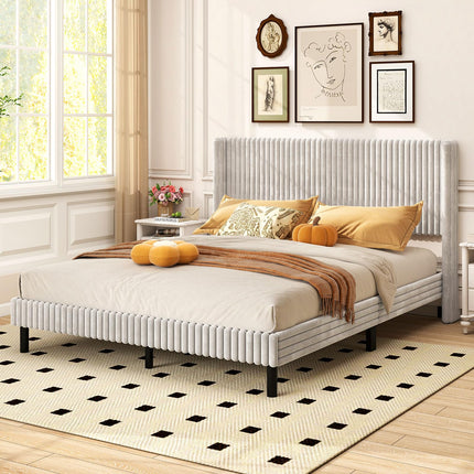 Dreamade Queen Velvet Bed Frame Upholstered Platform Bed with Vertical Tufted Wingback Headboard