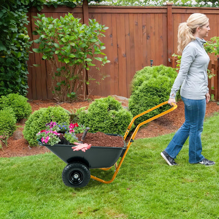 Dreamade Dual-Wheel Wheelbarrow, Heavy-Duty Garden Utility Cart with Built-in Stand, Pneumatic Tires, 330 Lbs Capacity, Foldable Handle