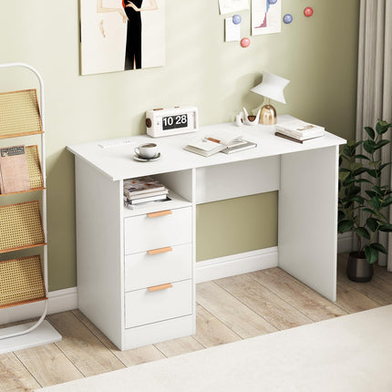 Dreamade White Desk with Drawers, Modern Home Office Desk Writing Study Desk with Charging Station