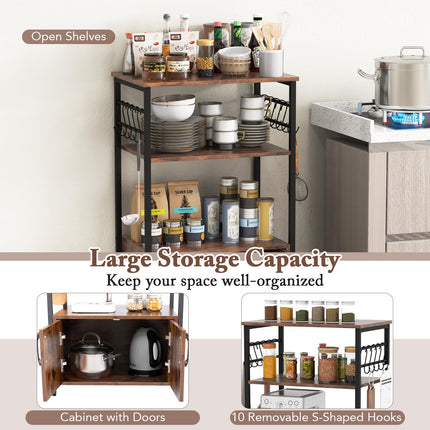 Dreamade Kitchen Bakers Rack with Storage, 3-Tier Industrial Microwave Stand with Open Shelves and 10 Removable S-Shaped Hooks