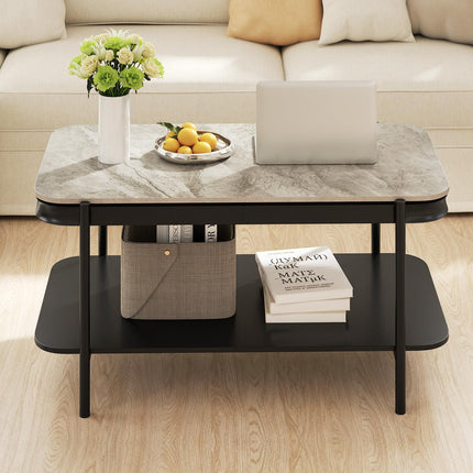 Dreamade 2-Tier Coffee Table with Storage Faux Mable Center Table w/Sintered Stone Top