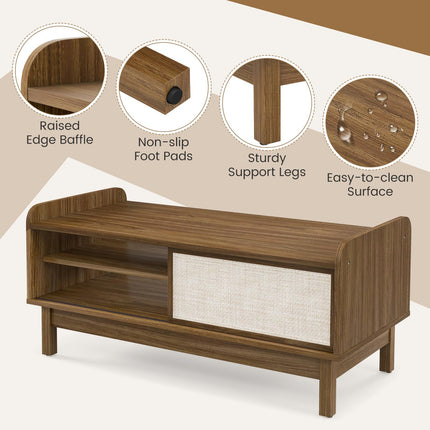 Dreamade Coffee Table with Storage and Sliding Doors, Mid-Century Modern Coffee Table with Adjustable & Removable Shelf