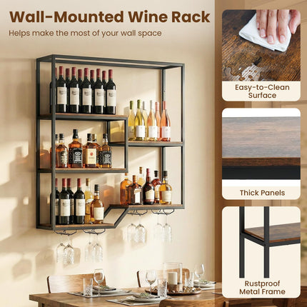 Dreamade Wall Mounted Wine Rack 6-Tier Hanging Bar Shelf with Bottle Display Shelf and Glass Holder