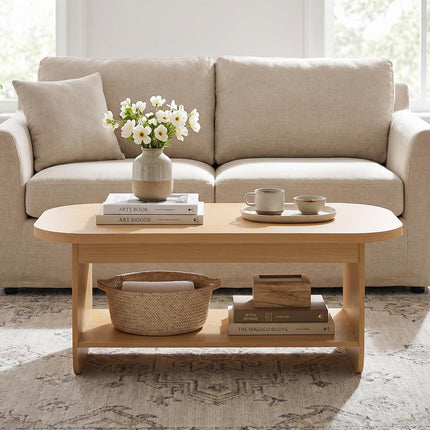 Dreamade 47" Mid Century Oval Coffee Table with Storage Shelf & Round Corner