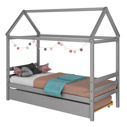 Dreamade House Bed with Trundle, Solid Wood Twin Size Daybed for Girls & Boys