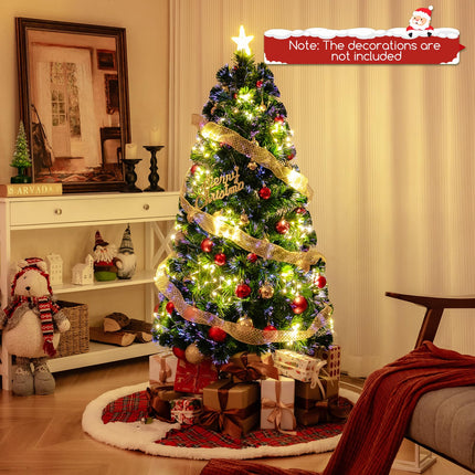 Dreamade 5ft Pre-Lit Fiber Optic Christmas Tree, Artificial Lighted Xmas Tree with 24 Warm-White Shape-Adjustable Star String Lights
