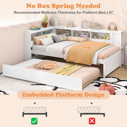 Dreamade Twin Daybed with Trundle, Wood Twin Bed Frames with Storage Headboard, Reversible Bookcase