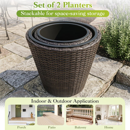 Dreamade Set of 2 Plastic Planters | 15 Inch & 11.5 Inch Taper Rattan Planters with Drainage Holes
