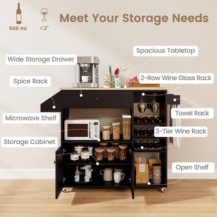 Dreamade Rolling Kitchen Island Cart with Drop Leaf, Power Outlet, Spice Rack, 12 Wine Rack