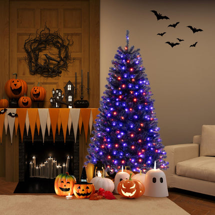 Dreamade 6/7/8 FT Pre-Lit Black Halloween Tree, Artificial Hinged Christmas Tree with 280/380/500 Orange & Purple LED Lights