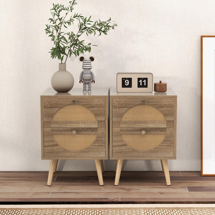 Dreamade Rattan Nightstand Set of 2, Boho Bedside Tables with 2 Rattan Drawers