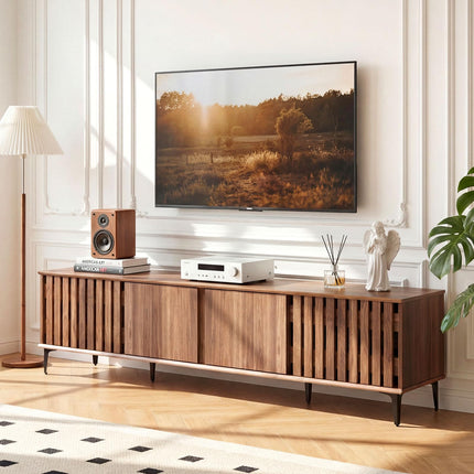 Dreamade 4-Door Slatted TV Stand for 80 Inches TVs for Living Room Bedroom