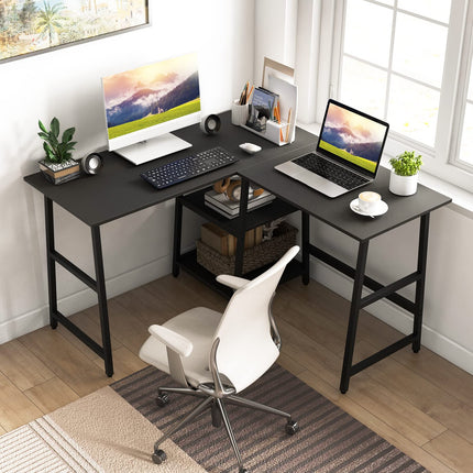 Dreamade L Shaped Desk with Power Outlets & USB Ports, 48" Corner Gaming Desk with 2 Tier Storage Shelves