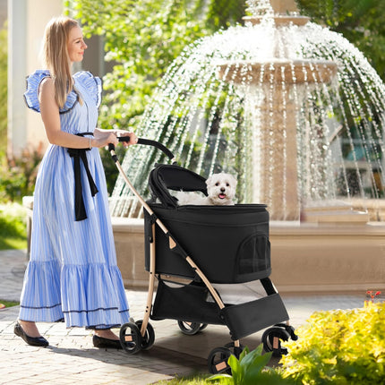 Dreamade Pet Stroller 3-in-1, Folding Dog Stroller Detachable Carrier Car Seat (Black & Gold)