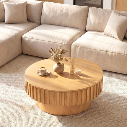 Dreamade Round Coffee Table with Storage | Modern Drum Fluted Center Table with Solid Wood Veneered