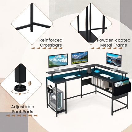 Dreamade L Shaped Desk with LED Light & Power Outlets Ergonomic Home Office Desk