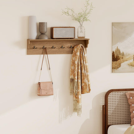Dreamade Wall-Mounted Storage Shelf | 31.5" Wooden Hanging Coat Rack with 6 Hooks