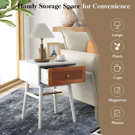 Dreamade Rattan Nightstand, Boho End Side Table with Rattan Decorated Storage Drawer & Solid Wood Legs