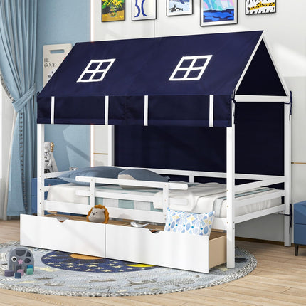 Dreamade Twin House Bed with Tent, Wood Kids Bed with 2 Storage Drawers, Solid Wood Daybed Frame with Rails and Roof