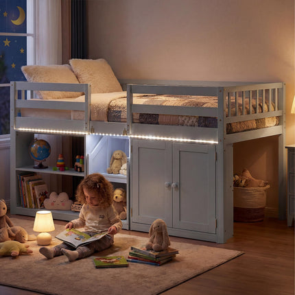 Dreamade Low Loft Bed Twin Size with LED Lights, Wooden Bed Frame