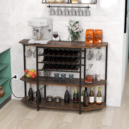 Dreamade Wine Bar Cabinet with Power Outlet, Mini Coffee Bar Stand Table with 21 Bottle Wine Rack & Glass Holders