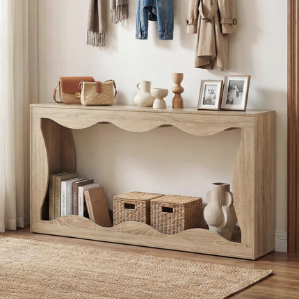 Dreamade 63" Farmhouse Console Table | 2-Tier Wavy Entryway Table with Built-in Storage Space