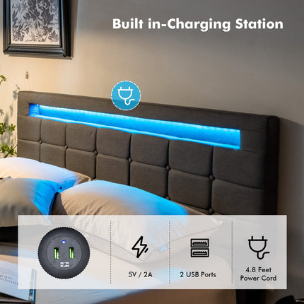 Dreamade Queen Bed Frame with LED Lights and 4 Drawers, Upholstered Platform Bed Frame with USB Ports