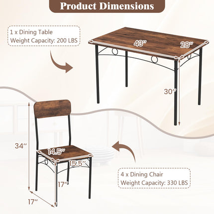 Dreamade Rectangle Kitchen Table and 4 Farmhouse Dining Chairs with Heavy-Duty Metal Frame