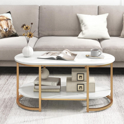 Dreamade White Marble Coffee Table - Modern 2-Tier Center Table w/Open Storage Shelf
