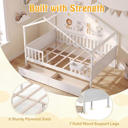 Dreamade Full Size House Bed with Roof and Fence Rails for Kid