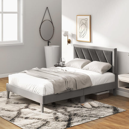 Dreamade Full Size Velvet Bed Frame with Headboard, Modern Upholstered Platform Bed, No Box Spring Needed, Black & Gray