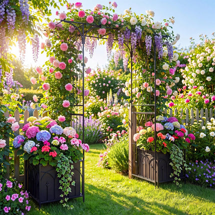 Dreamade 79" W x 81" H Metal Garden Arbor with Gate and Planter