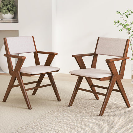 Dreamade Wooden Dining Chairs Set, Linen Fabric Upholstered Kitchen Chairs w/Armrests, Rubber Wood Frame