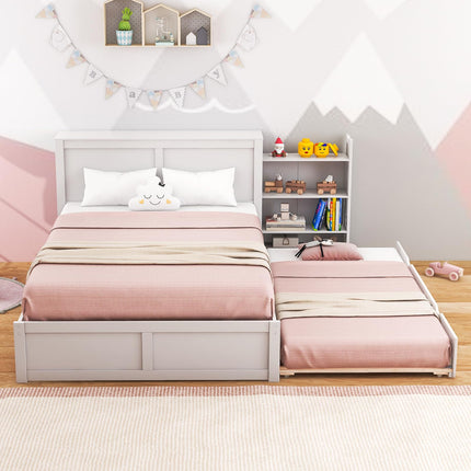 Dreamade Full Bed Frame with Twin Trundle, Wooden Bed Wooden Bed Frame with 2 Rolling Bookcases & High Headboard