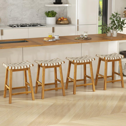 Dreamade 25.5/31" Woven Bar Stools Set of 2/4, Faux PU Leather Counter Height Saddle Stools with Woven Curved Seat
