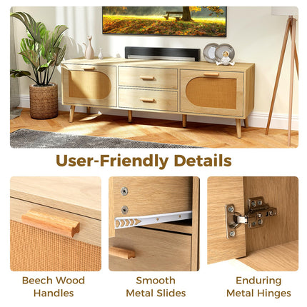 Dreamade Rattan TV Stand for TVs up to 65 Inch, 59" TV Console Cabinet with Drawers & Solid Wood Legs