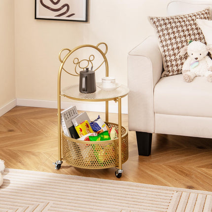 Dreamade Mobile Glass Coffee Table, 2-Tier Round End Table with Bear Pattern, Storage Basket, Metal Frame