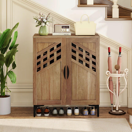 Dreamade 4-Tier Wooden Shoe Organizer Cabinet with Hollow Woven Doors & 3 Removable Shelves
