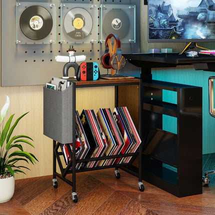 Dreamade Rolling Record Player Stand 2-Tier with Vinyl Storage and Magazine Holder Bag