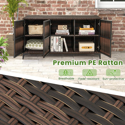 Dreamade 84-Gallon Wicker Deck Box - Patio Storage Cabinet, 3-Door PE Rattan Storage Container with Removable Shelves