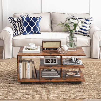 Dreamade Coffee Table with Storage, Modern Rectangular Accent Table with L-shaped Middle Shelf