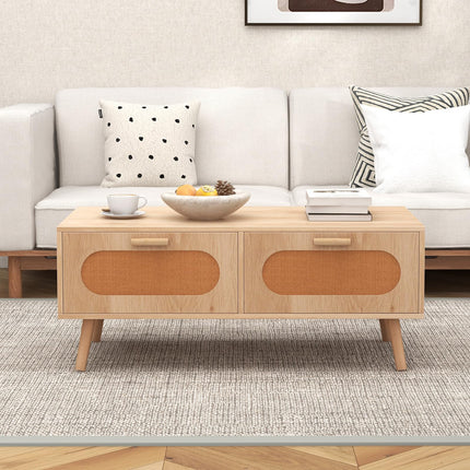 Dreamade Rattan Coffee Table, Mid Century Modern Center Table with 2 Storage Drawers & Back Compartment